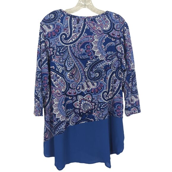 Chico's Blue Paisley Print V-Neck with sheer Chiffon hem Tunic Chico's 2 Sz 12‎ - Picture 2 of 14
